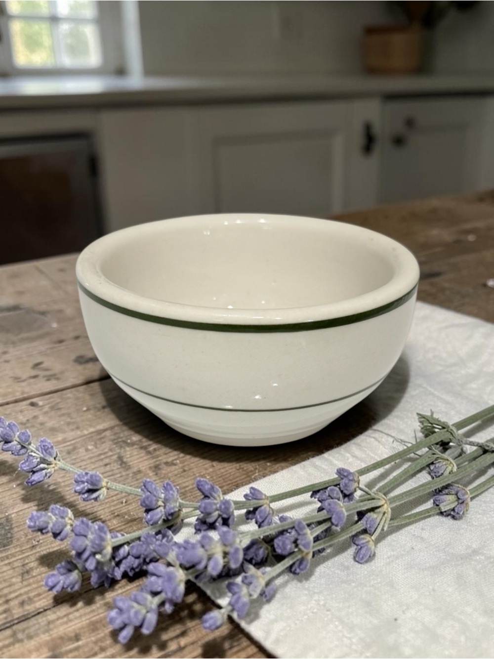 Vintage Thick Chunky White Restaurant Stoneware Bowl with Green Rim - Picture 3 of 16